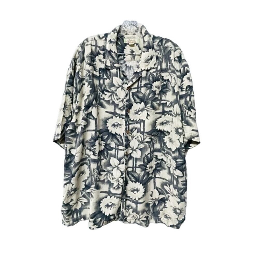 Tommy Bahama 100% Silk Button Down Shirt Hawaiian Floral Gray XL
